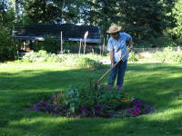 Ute Fahlgren caring for the gardens around the cabin.